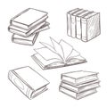 Hand drawn vintage books. Sketch book piles. Library, bookshop vector retro design elements isolated on white background Royalty Free Stock Photo