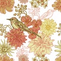 Hand drawn vintage botanical seamless pattern with bird