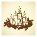 Hand drawn vintage burning candles with christmas tree wreath. Cute engraved holiday decoration for Merry Christmas greeting card Royalty Free Stock Photo