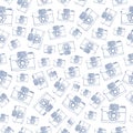 hand drawn vintage camera. blue linear art. seamless pattern on a white background Royalty Free Stock Photo