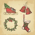 Hand drawn vintage Christmas set of bells, wreath of holly, Santa`s sleigh and socks. Vector, sketch Royalty Free Stock Photo