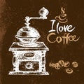 Hand drawn vintage coffee background. Sketch vector illustration. Menu design. Typographics poster