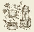 Hand drawn vintage coffee grinder, cup, beans, star anise, cinnamon, chocolate, drink, sugar bowl. Sketch vector Royalty Free Stock Photo