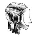 hand drawn vintage engraving style vector illustration of humanoid robot head profile view artificial intelligence mind cybernetic Royalty Free Stock Photo