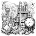 Hand drawn vintage fairy tale library with alarm clock. Abstract monochrome illustration in outline surrealism style