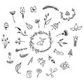 Hand Drawn vintage floral elements. Set of flowers, arrows, icons and decorative elements. Royalty Free Stock Photo