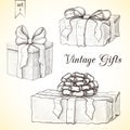 hand drawn vintage gift box collection. engraved illustration of presents isolated. icon set of present boxes with bow and ribbon Royalty Free Stock Photo