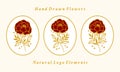 Hand drawn vintage gold botanical peony flower logo element collection