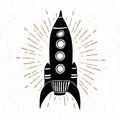 Hand drawn vintage icon with rocket vector illustration