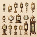 Hand-drawn vintage illustration showcasing an elegant collection of antique clocks