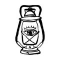 Hand-drawn vintage kerosene lamp. Sketch oil lantern with Eye of Providence. T-shirt print. Masonic symbol. All seeing eye inside Royalty Free Stock Photo