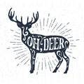 Hand drawn vintage label with textured deer vector illustration.