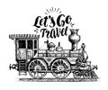 Hand drawn vintage locomotive, steam train, transport. Railway engine vector illustration, sketch