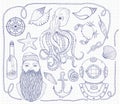 Hand drawn Vintage nautical Set. It consists of octopus, anchor, sailor, bottle with a message, seashells, crab, compass, diving h Royalty Free Stock Photo