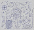 Hand drawn Vintage nautical Set. It consists of octopus, anchor, sailor, bottle with a message, seashells, crab, compass, diving h Royalty Free Stock Photo