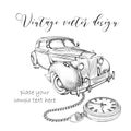 Hand drawn vintage postcard. A car with pocket watch on a chain. Vector illustration Royalty Free Stock Photo