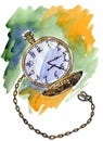 Hand drawn vintage postcard. A pocket watch on abstract background with Watercolor Stains Royalty Free Stock Photo