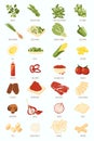 Hand drawn vintage poster of cooking ingredients or groceries sort by color. Can used for flash cards