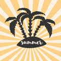 Hand drawn vintage poster with typography, sun rays and palms. Vector illustration - summer.