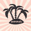 Hand drawn vintage poster with typography, sun rays and palms. Vector illustration - summer.