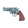 Hand Drawn Vintage Revolver Gun. Firearm, pistol sketch. Vector