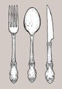 Hand drawn vintage silver cutlery.