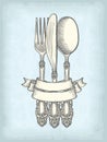 Hand drawn vintage silver spoon, fork and knife with ribbon banner. Old craft paper texture background. Royalty Free Stock Photo