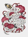 Hand drawn vintage snake with black leaves and red roses illustration.