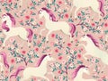 Hand drawn vintage Unicorn in magic forest seamless pattern. Vector illustration in Victorian style. Royalty Free Stock Photo