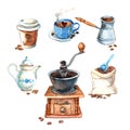 Hand drawn vintage watercolor coffee set Royalty Free Stock Photo