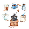 Hand drawn vintage watercolor coffee set