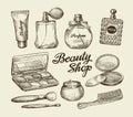 Hand drawn vintage womens cosmetics.