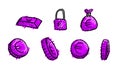 Hand drawn violet business euro symbols. 2d money illustration with doodle design style