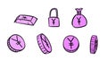 Hand drawn violet business yen symbols. 2d money illustration with doodle design style