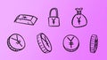 Hand drawn violet business yen symbols. 2d money illustration with doodle design style