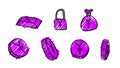 Hand drawn violet business yen symbols. 2d money illustration with doodle design style