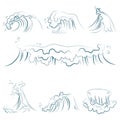 Hand drawn volumetric blue line sea waves vector set. Ocean storm wave isolated vector illustration.