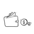 Hand drawn Wallet full of money, revenue increase, high interest rate, income growth, budget profit, financial fund growth, raise