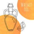 Hand drawn walnut oil bottle with orange watercolor spots Royalty Free Stock Photo