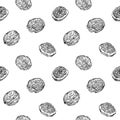 Hand drawn walnuts seamless pattern, black ink drawing sketch vector illustration on white background