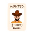 Hand drawn wanted poster with cowboy clipart. Simple colorful doodle with vintage western banner with reward. Criminal Royalty Free Stock Photo