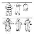 Hand drawn wardrobe sketch. Baby clothes. Doodles