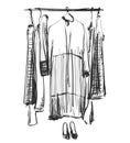 Hand drawn wardrobe sketch. Clothes on the hunger. Dress