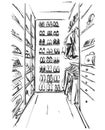 Hand drawn wardrobe sketch. Furniture. Dress, handbag and shoes. clothes. Dressing room