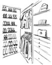 Hand drawn wardrobe sketch. Furniture. Dress, handbag and shoes. clothes. Dressing room