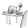 Hand Drawn wares sketch. Romantic dinner. Serving. Food and drink