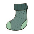 Hand drawn warm knitted sock with cute decor in green colors. Christmas, winter sign, cozy clipart. Vector illustration with hand