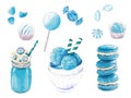 Hand drawn watarcolor blue sweet candy collection