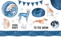 Hand drawn water color drawing set with cute stylish hound, beautiful stars, romantic moon, cosmic constellations.