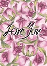 Hand drawn water color pink peony flowers and the text